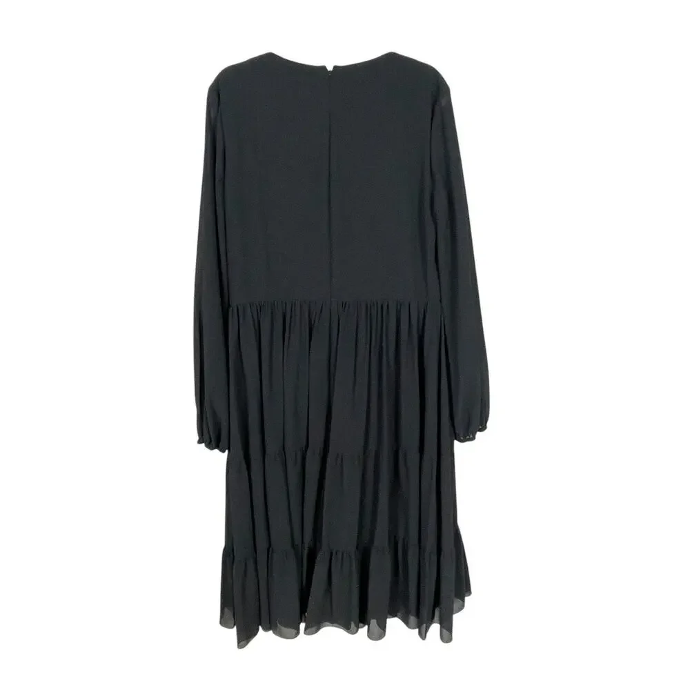 Ieena Mac Duggal Ruched V-Neck Tiered Midi Dress Chiffon Black Sz 14 NWT Chic